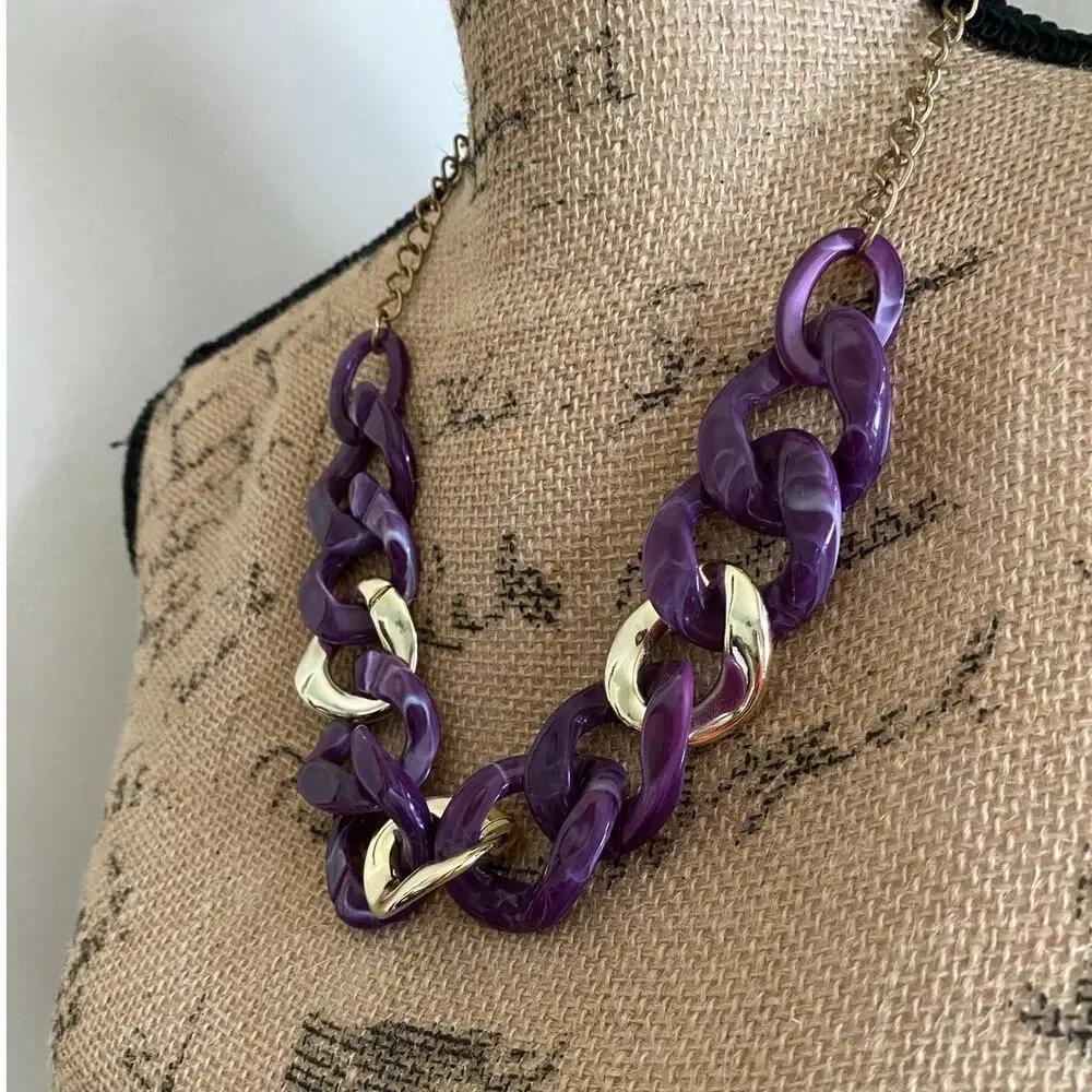 Vintage Purple Chunky Link Statement Necklace Gold Tone 80s–90s Retro Bold